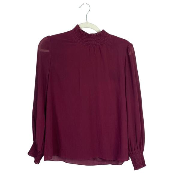 J. CREW Crinkle Chiffon Smocked Top Wine Red Long Sleeve Blouse Autumn Size XS - Picture 1 of 7